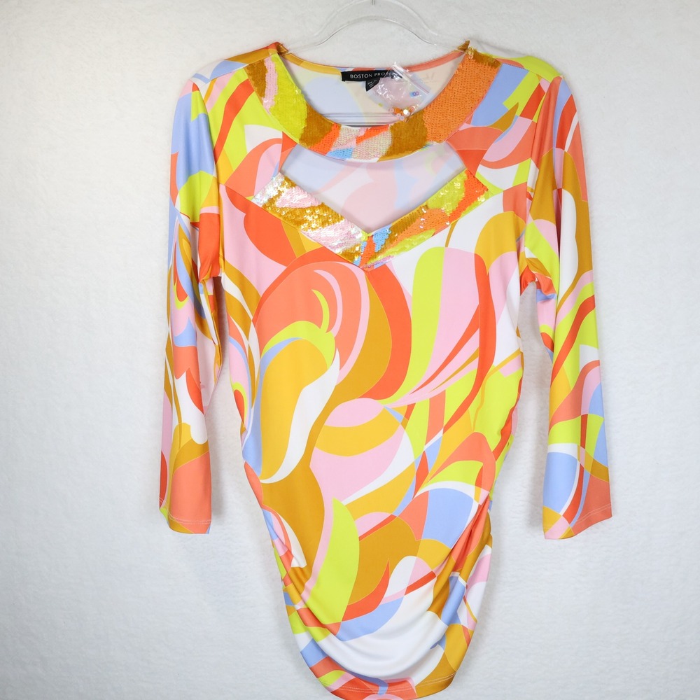 Boston Proper Psychedelic Swirl Sequin Cutout Ruched Top Orange Yellow Size M